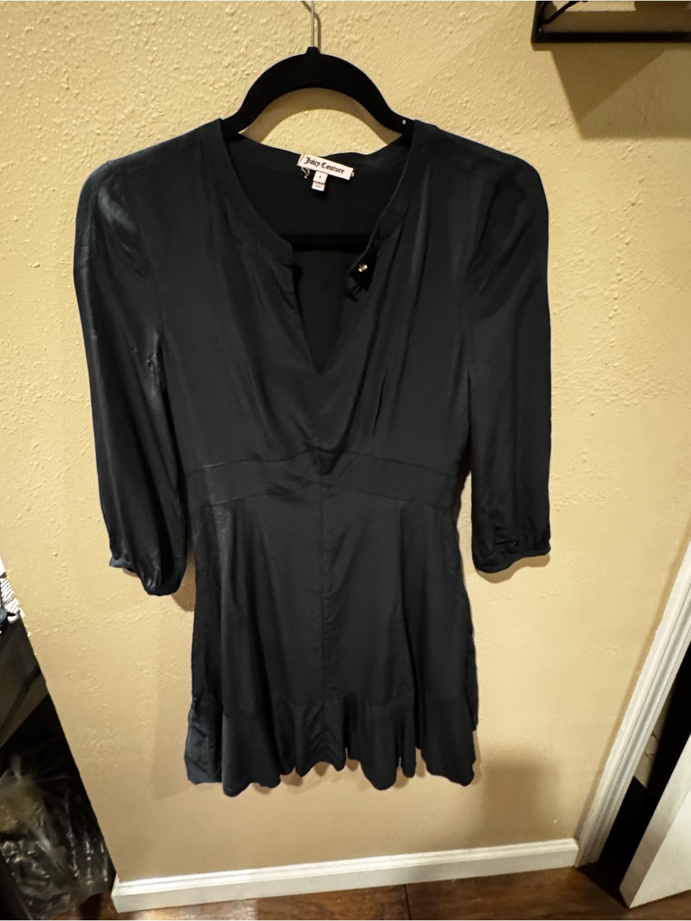 Juicy Couture Black Long Sleeve V-Neck Satin Dress